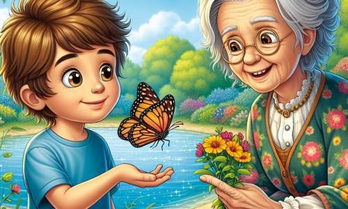 Lucas, un garçon de 10 ans aux cheveux châtains et au sourire espiègle, se tient au bord d'un étang dans un jardin luxuriant. Il porte un t-shirt bleu et un short vert, émerveillé par un papillon coloré. À ses côtés, l’Ancienne Sage, âgée d'environ 70 ans avec des cheveux argentés et des lunettes rondes, lui montre un bouquet de fleurs jaunes, vêtue d'une robe longue en tissu floral. L'étang scintille au soleil, entouré de fleurs colorées et de libellules, tandis qu'elle lui explique l'importance des fleurs magiques, symbolisant l'espoir et la guérison.