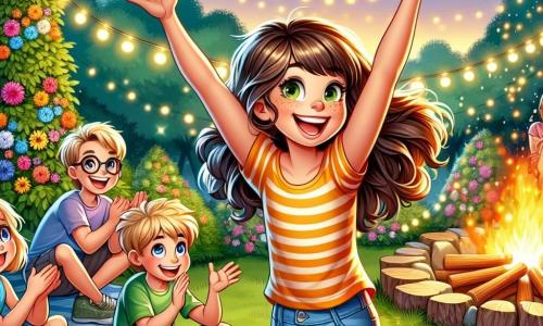 Célia, une fille de 8 ans aux longs cheveux bruns et aux yeux pétillants, jongle avec trois balles colorées sur une scène en bois, souriant largement. Elle porte un t-shirt jaune et un short en jean, les bras levés avec enthousiasme. À ses côtés, Lucas, un garçon aux cheveux blonds, applaudit en souriant, vêtu d'un t-shirt bleu et d'un short vert. Emma, une petite fille avec des lunettes rondes et des cheveux châtains en couettes, tient une pancarte "Bravo Célia !" et sourit fièrement. Le parc verdoyant est rempli de fleurs et d'arbres, avec des enfants assis autour d'un feu de camp, créant une ambiance festive. Des guirlandes de lumières scintillent au-dessus, ajoutant une touche magique. Célia réalise son numéro de jonglage devant un public d'enfants captivés, tandis que le soleil se couche, teintant le ciel de couleurs chaudes.