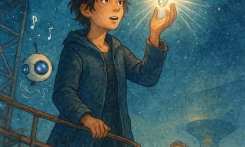 Lyra, femme déterminée au teint légèrement hâlé et traits fins, porte un manteau bleu nuit usé et tient la paume levée avec un petit morceau de verre irisé diffusant une lumière chaude ; elle se tient sur une passerelle métallique de l'antenne orbitale, posture dynamique, regard vers le faisceau d'énergie formé de milliers de filaments lumineux blancs et or se déployant dans le noir spatial. À son épaule flotte Pixo, petit drone rond aux LED colorées émettant des ondes sonores visibles et des bulles musicales. En contrebas, Mira Solé, ingénieure d'environ 32 ans en combinaison argentée, cheveux courts poussiéreux, regarde l'antenne depuis une plate-forme du parc énergétique en tenant une clé énergétique brillante, visage soulagé et concentré. Le décor montre une antenne orbitale rouillée avec poutres métalliques et panneaux solaires cassés, poussière d'étoiles scintillante ; en arrière-plan, le Parc Énergétique d'Aurélion avec turbines géantes et colonnes lumineuses décorées de runes. L'ambiance est un mélange magique et technologique, aquarelle fluide aux contrastes de bleu profond, or et blanc, focalisée sur l'espoir et la coopération.