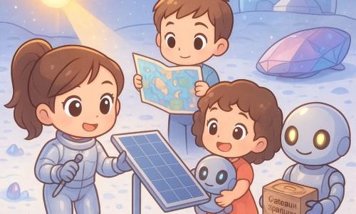 Eva, souriante et fière, cheveux attachés, en combinaison spatiale argentée tient un carnet et un tournevis et ajuste un panneau solaire tandis qu’un rayon active les cristaux bleus et violets de la lune d’Argia; Lila (8 ans) serre un petit robot rond, Tom (10 ans) montre une grande carte lunaire, et le robot Milo, au design sympathique, tient une boîte de gâteaux spatiaux; au loin un centre d’exploration en bulle et le vaisseau L’Aube brillent, style chibi kawaii, couleurs pastel, atmosphère magique et sécurisante.