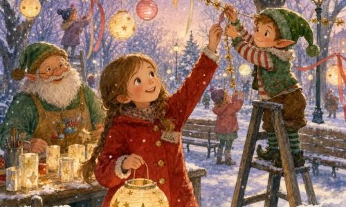 Lila, 8 ans, souriante et concentrée, cheveux châtain clair en tresse, manteau rouge à boutons dorés, tient une lanterne en papier peinte d'étoiles et tend la main pour accrocher la corde; un lutin farceur (petit garçon d'environ 30 cm) au bonnet vert à pompon et veste rayée grimpe une échelle pour poser la dernière guirlande dorée au-dessus d'elle; le chef des lutins, homme barbu et rond d'environ 60 ans, porte un tablier rempli d'ornements et sourit en arrière-plan près d'une table avec bougies en papier et pinceaux; décor: parc enneigé au crépuscule, arbres et bancs couverts de neige, guirlandes entre les troncs, ciel violet pâle et flocons tombant; scène: veillée de Noël où enfants et lutins accrochent lanternes et rubans, une rivière de lumières chauffe l'air, ambiance chaleureuse et festive, composition centrée sur Lila et le lutin sur l'échelle, couleurs douces aquarelle et éclairage tamisé aux reflets dorés.