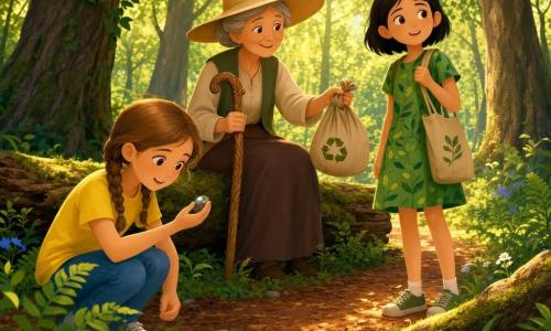 Trois personnages dans une clairière boisée baignée de lumière dorée : Léna, 9 ans, cheveux châtain clair en deux nattes, tee‑shirt jaune et jean, accroupie à gauche tenant délicatement un petit caillou lisse et brillant ; Emma, 9 ans, cheveux noirs courts, robe verte à motifs feuilles, debout à droite avec un sac en toile recyclée, hésitant à prendre le caillou ; Marguerite, 70 ans, cheveux gris en chignon, grand chapeau de paille et canne en bois sculpté, assise sur un tronc moussu derrière elles, tendant un sac pour les déchets. Autour, arbres aux troncs texturés, tapis de fougères, petites fleurs bleues et blanches, sentier de terre roussâtre et quelques cailloux polis près des racines. Les filles ramassent des déchets et regardent le caillou qu’elles hésitent à emporter, tandis que Marguerite les guide : scène calme et inspirante d’entraide et de respect de la nature, couleurs chaudes et lumière filtrée.
