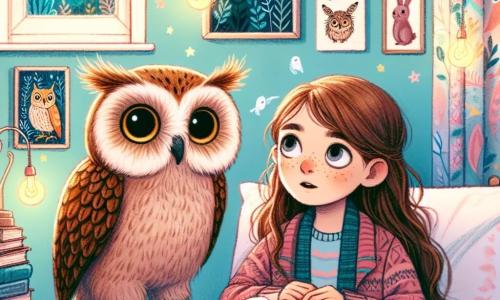 Lucie, une fille de 12 ans aux longs cheveux bruns et aux yeux curieux, est allongée dans son lit entourée de couvertures colorées. Son visage montre une légère appréhension mêlée d'émerveillement alors qu'elle observe un hibou en peluche, Houpi, qui prend vie à ses côtés. Houpi, avec ses plumes douces et ses grands yeux brillants, est perché sur le bord du lit, prêt à emmener Lucie dans une aventure nocturne. La chambre est chaleureuse, avec des murs bleu pastel, des étoiles fluorescentes au plafond et une guirlande lumineuse. Des livres sont éparpillés et des dessins décorent les murs, créant une atmosphère magique. Lucie, bien que légèrement anxieuse, s'apprête à découvrir les merveilles de la nuit grâce à Houpi.