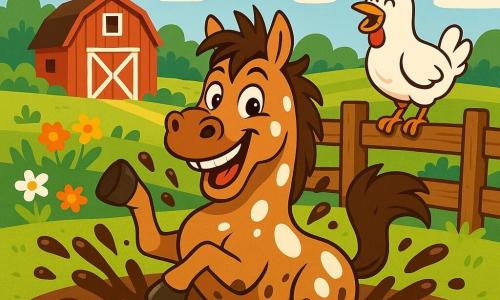 Un cheval espiègle nommé Rigolo, avec une fourrure brun clair et des taches blanches, se roule dans une mare de boue, éclaboussant tout autour de lui avec un sourire malicieux. À ses côtés, la poule Bécassine, avec des plumes blanches et un petit chapeau rouge, le regarde en riant, perchée sur une barrière en bois. En arrière-plan, une ferme pittoresque avec une grange rouge et des champs verdoyants s'étend sous un ciel bleu clair. La scène montre Rigolo en train de faire une blague en se roulant dans la boue, tandis que ses amis animaux rient de ses pitreries, créant une atmosphère joyeuse.