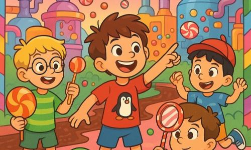 Quatre enfants découvrent une usine de bonbons magiques. Max, 10 ans, avec des cheveux bruns, porte un t-shirt rouge et pointe vers l'usine. Hugo, 9 ans, aux cheveux blonds et lunettes rondes, tient un bonbon géant. Léo, 10 ans, avec des cheveux châtains, observe avec une loupe en bonbon. Sam, 9 ans, aux cheveux noirs et casquette rouge, est derrière Max, sautillant d'excitation. L'usine est colorée, avec des murs en sucre d'orge et des rivières de chocolat. Ils sont émerveillés par les machines et un bonbon vert nommé Glouglou les accueille.