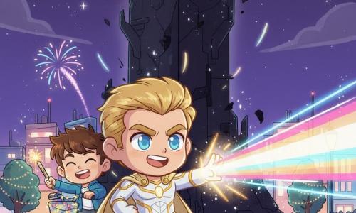 Lucas, héros appelé Lumino, visage déterminé et souriant, cheveux courts dorés brillants, yeux bleus, costume de super-héros blanc et jaune à motifs de rayons, cape courte translucide, bottes épaisses, projetant un faisceau multicolore de la main vers la droite ; à ses côtés Max, ~10 ans, cheveux bruns en bataille, large sourire, près d’un vélo transformé décoré de guirlandes lumineuses en train d’allumer un petit feu d’artifice qui monte dans le ciel, légèrement derrière et à gauche de Lucas ; en arrière-plan la Tour des Ombres, grande tour noire aux contours irréguliers semblant absorber la lumière avec fissures et texture granuleuse ; autour, la ville de Luminopolis de nuit avec bâtiments colorés aux néons pastel, arbres du parc ornés de guirlandes, ciel violet étoilé ; confrontation illustrée par rayons lumineux vifs, arcs de couleur, particules scintillantes et ombres se dissipant à la base de la tour, style chibi kawaii, couleurs saturées, contrastes nets, formes rondes et expressions exagérées, atmosphère joyeuse et héroïque.