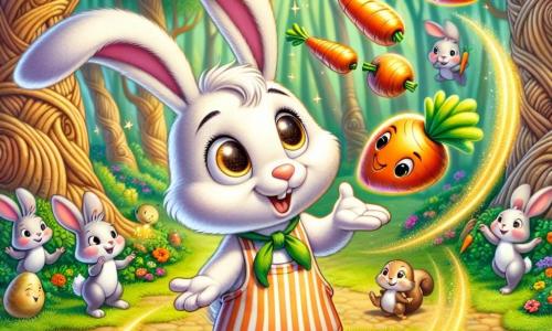 Un lapin espiègle nommé Boubou, au pelage blanc éclatant et aux grandes oreilles, se tient au centre d'une clairière, les yeux pétillants d'excitation. Il porte un tablier de chef et une toque, jonglant avec des légumes colorés dans une ambiance joyeuse. À sa droite, une Carotte Magique flottante, avec des yeux malicieux, brille d'une lumière dorée et semble amusée par le chaos. Le décor est une clairière enchantée entourée d'arbres noueux et de fleurs chantantes. Boubou jongle avec des carottes et des pommes de terre, tandis que des lapins et des écureuils rassemblés autour de lui rient et applaudissent, transformant un désastre culinaire en une fête inoubliable.