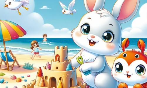 Léo le lapin, un petit lapin aux grandes oreilles et à la fourrure douce et blanche, est sur le sable doré de la plage, les yeux brillants d'excitation et un grand sourire sur son visage. Il tient une pelle en plastique colorée et admire son château de sable décoré de coquillages. À côté, Sacha le crabe, avec sa carapace rouge vif, creuse un fossé autour du château. Clara la mouette, avec son plumage blanc, vole au-dessus d'eux en poussant des cris joyeux. La plage est magnifique, avec des vagues douces, un ciel bleu et des parasols colorés. Léo et ses amis s'amusent à construire un grand château de sable, profitant de leur journée ensoleillée.