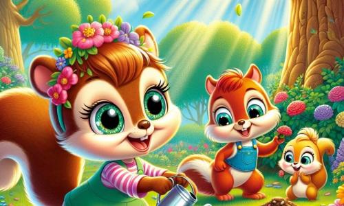 Émilie, un petit écureuil aux yeux pétillants et à la fourrure brune, est joyeuse en plantant des graines colorées avec ses pattes. À ses côtés, Lucas, un écureuil rusé au pelage roux, rit en tenant une pelle, tandis que Sophie, un écureuil doux avec un pelage doré, arrose les graines avec un arrosoir en métal. La scène se déroule dans une forêt en floraison, entourée de grands chênes, de fleurs colorées et de buissons verdoyants, sous un ciel bleu. Émilie et ses amis travaillent ensemble dans leur jardin communautaire, partageant des rires et célébrant le printemps et la beauté de la nature.