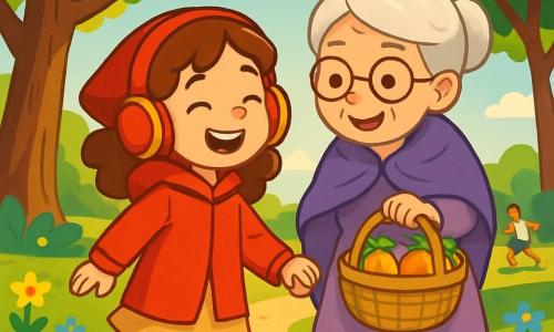 Le Petit Chaperon rouge, une fille d'environ 8 ans, porte une veste rouge et un casque audio, avec des cheveux châtains bouclés. Elle sourit en marchant joyeusement dans un parc. À ses côtés, sa grand-mère, une femme âgée au châle violet, a des cheveux gris et des lunettes rondes, tenant un panier de fruits colorés. Le parc est lumineux, avec des arbres majestueux, des fleurs multicolores et un sentier bordé de pelouses. Au loin, des enfants jouent au ballon. La scène montre le Petit Chaperon rouge marchant vers la maison de sa grand-mère, partageant rires et histoires, illustrant leur complicité et la joie d'une belle journée.