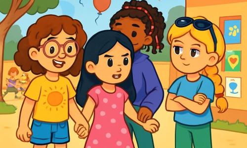 Quatre enfants sont présents : Zoé, 9 ans, cheveux châtains bouclés et lunettes rondes, souriante, tient la main de Chloé ; Chloé, 9 ans, cheveux noirs longs, porte une robe rose à pois, avec un regard déterminé ; Inès, 9 ans, cheveux blonds en tresse, lunettes de soleil sur la tête, bras croisés, affiche une expression de soutien ; Maïssa, 9 ans, cheveux frisés avec des tresses colorées, souriante, se trouve derrière. L'image se déroule dans une cour d'école ensoleillée, avec des arbres verts, des ballons colorés et des affiches de gentillesse. Les quatre amies forment un cercle de soutien autour de Chloé, prêtes à affronter les moqueries et à promouvoir la gentillesse.
