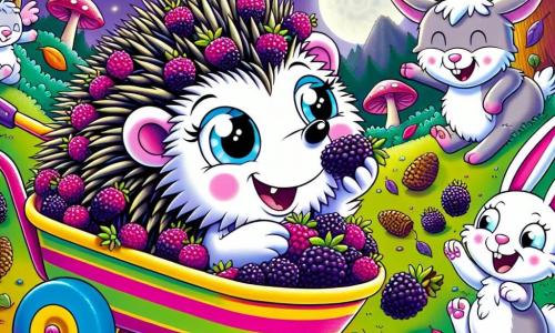 Praline, le hérisson rêveur, est au centre de l'image, avec des piquants doux et brillants, un sourire malicieux et des yeux pétillants de joie. Il est assis dans une brouette rayée, entouré de mûres éclatantes, avec des taches de jus violet sur son pelage. À côté de lui, Marguerite, la chèvre espiègle, rit en jonglant avec des pommes de pin. Léo, le lapin aux grandes oreilles, bondit joyeusement en arrière, prêt à l'aider. La scène se déroule dans une clairière enchantée sous une lune brillante, où Praline et ses amis s'apprêtent à vivre une course de brouettes hilarante, remplie de rires et de surprises.