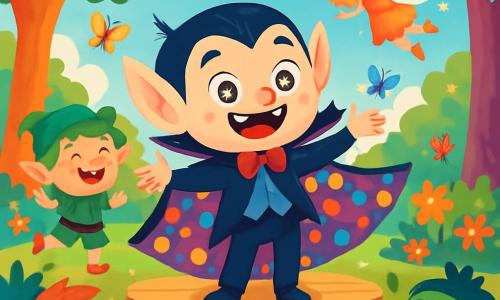 Victor, le vampire rigolo, est un jeune vampire aux grandes oreilles pointues et aux yeux brillants. Il porte une cape colorée à pois et affiche un large sourire avec ses petites dents blanches, prêt à raconter une blague sur scène. À ses côtés, Léon, un lutin farceur aux cheveux verts, saute de joie et rit. Une fée espiègle vole autour de lui, ses ailes scintillantes et ses cheveux dorés flottant. La scène se déroule dans une clairière magique, entourée d'arbres colorés et de fleurs lumineuses, avec des papillons multicolores. La foule de créatures enchantées, composée de trolls et de lutins, attend avec impatience, riant et applaudissant dans une ambiance festive.