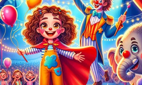 Une petite fille de 8 ans, Emma, aux cheveux châtains bouclés et aux yeux pétillants, se tient au centre de la scène, souriante, avec des joues rosies par l'excitation. Elle porte une cape rouge brillante et un tablier de peintre, tenant un pinceau d'une main et un bouquet de ballons colorés de l'autre. À ses côtés, un clown nommé Biscotto, d'environ 30 ans, jongle avec des ballons, riant espièglement. En arrière-plan, un éléphant nommé Trompette essaie d'attraper un pinceau avec sa trompe, ajoutant de la couleur à un grand tableau. Le décor est un chapiteau de cirque vibrant, avec des rayures rouges et blanches et des spectateurs émerveillés applaudissant. La scène dégage une atmosphère de joie et de magie, où l’amitié et la créativité se mélangent dans un spectacle enchanteur.