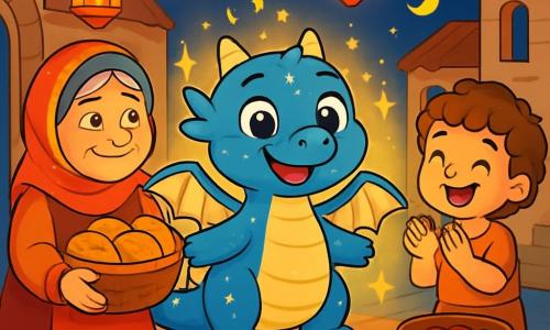 Un petit dragon bleu aux écailles scintillantes et aux grands yeux joyeux se tient au centre de la scène, souriant avec fierté. Il déploie ses ailes délicates sous une lumière dorée. À sa droite, une vieille dame au visage ridé et bienveillant, portant un foulard coloré et une robe traditionnelle, sourit en tenant un panier de pains chauds. À sa gauche, un petit garçon aux cheveux bouclés et aux yeux rieurs applaudit, ses joues rosies par l'excitation. La scène se déroule dans une rue animée ornée de lanternes colorées, illuminant la nuit étoilée. Des tables sont dressées avec des plats colorés, créant une atmosphère festive. Le dragon bleu, entouré de ses amis, partage des mets délicieux et rayonne de bonheur, tandis que les voisins se rassemblent autour de lui pour célébrer la magie du Ramadan.