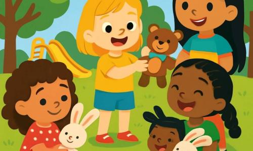 Quatre enfants jouent dans un parc verdoyant. Lila, 6 ans, a des cheveux bruns bouclés et porte une robe rouge à pois blancs. Zoé, 5 ans, a des cheveux blonds lisses, un t-shirt jaune et un short bleu. Aïcha, 6 ans, a des cheveux noirs tressés et une robe verte. Emi, 7 ans, a des cheveux longs et noirs et porte une tunique colorée. Elles rient, échangent leurs peluches, et illustrent la joie de l'amitié et de la diversité sous un ciel bleu clair avec des nuages blancs.