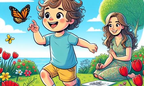 Un petit garçon de 2 ans, Léo, avec des cheveux bouclés et des yeux pétillants, sourit en courant après un papillon coloré dans un jardin fleuri. Il porte un t-shirt bleu et un short jaune, les mains tendues vers le papillon. Sa maman, une femme d'environ 30 ans avec de longs cheveux bruns, est assise sur l'herbe, dessinant des fleurs sur une feuille. Elle porte une robe légère à fleurs et regarde Léo avec tendresse. Le jardin est rempli de tulipes rouges et de jonquilles jaunes sous un ciel bleu clair. Léo rit et court après le papillon, tandis que sa maman l'encourage à explorer la beauté du printemps.