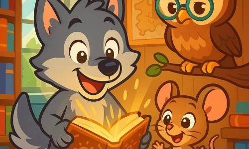 Au centre, un loup nommé Loulou, avec un pelage gris et des yeux curieux, se tient sur ses pattes arrière, tenant un livre ancien. Son expression est excitée et déterminée. À côté de lui, Lila la souris, mignonne avec un pelage brun clair, regarde le livre avec émerveillement. Benny le hibou, perché au-dessus, porte des lunettes et a un regard sage, pensant à la prochaine énigme. Le décor est une bibliothèque enchantée, remplie de livres colorés et de cartes anciennes, avec une lumière magique filtrant à travers de grandes fenêtres. Loulou découvre un livre mystérieux qui brille, entouré de ses amis impatients de résoudre le mystère.