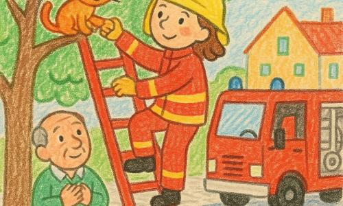 Une femme pompier souriante et déterminée, veste rouge et casque jaune, monte une grande échelle pour saisir un chaton orange rayé coincé dans un arbre; Monsieur Paul, homme d’environ 70 ans aux cheveux gris, en bas, ému et soulagé, la regarde, tandis qu’un camion de pompier rouge est stationné sur la rue pavée d’un village sous un ciel clair, ambiance chaleureuse.