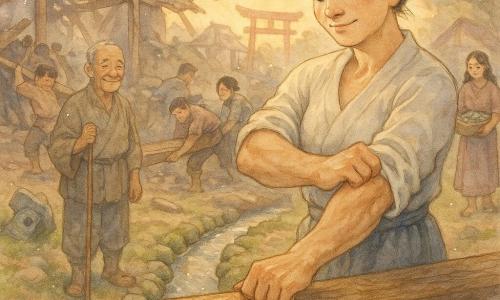 Aiko, femme adulte aux mains fortes et chignon, sourit légèrement en posant une grosse poutre de cèdre, manches retroussées et posture stable ; à sa gauche, Kenji, vieil homme ridé avec un bâton, l’observe et approuve ; à l’arrière-plan droit, Hana, trentenaire aux cheveux lâchés, tient un panier de galets et aide à placer des pierres ; à l’arrière-plan gauche, Taro, jeune homme de 18 ans, pousse une poutre avec d’autres villageois. Le village japonais, cour en terre après un séisme, montre une maison partiellement démontée aux piliers apparents, tuiles dispersées, torii rouge et lanterne de pierre renversée, ruisseau bordé de mousse et galets au premier plan. Scène collective de reconstruction au crépuscule, lumière dorée, luciole près d’Aiko, eau détournée dans un petit canal de pierres, textures de bois fendu, écorce de cèdre humide, poussière légère et tissus froissés.
