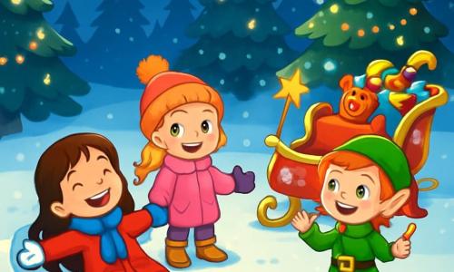 Trois personnages sont présents : Léa, une petite fille de 6 ans aux longs cheveux bruns, portant un manteau rouge, allongée dans la neige en train de faire un ange ; Emma, également âgée de 6 ans, avec des cheveux blonds en tresse et un manteau rose, souriante à côté de Léa, prête à faire son propre ange ; et Nico, un lutin joyeux aux cheveux roux, en manteau vert, qui les invite à monter dans son traîneau magique. L'action se déroule dans une clairière enchantée, illuminée par les étoiles, avec de la neige scintillante et des sapins décorés. Léa et Emma jouent dans la neige, riant et s'amusant.