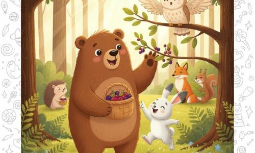 Brunette, grand ours brun au pelage doux, souriant et tenant un panier de baies rouges et violettes, est rejoint par Petit Trompette, petit lapin blanc aux longues oreilles tachetées de gris qui pointe une branche, tandis qu’un hibou crème tacheté observe depuis une branche; en arrière-plan un hérisson, une renarde et un écureuil dans une clairière ensoleillée de forêt enchantée aux arbres texturés, fougères, mousse et petites fleurs bleues; tous récoltent ensemble des baies juteuses, le panier débordant, ambiance chaleureuse et coopérative.