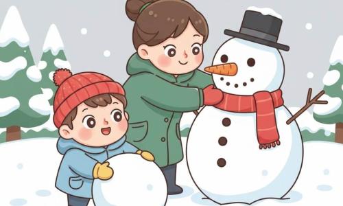 Un petit garçon de 2 ans joyeux et joufflu, bonnet rouge, manteau bleu clair et gants jaunes, roule une grosse boule de neige pendant qu’une maman d’environ 30 ans, souriante, cheveux bruns en chignon et manteau vert sapin, lui pose une carotte comme nez sur un grand bonhomme de neige blanc, rond, chapeau noir, yeux de charbon et écharpe rouge, le tout dans un jardin enneigé aux sapins poudrés, ciel gris pâle, empreintes de pas, style graphique aux formes arrondies, couleurs douces et contours fins.