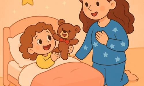 Une petite fille de 2 ans, avec de grands yeux pétillants et des cheveux bouclés, est allongée sur son lit, souriante, tenant un doudou en peluche, un ours brun avec un nœud rouge. Sa maman, une femme douce d'environ 30 ans, se tient à côté du lit, chantant une berceuse. Elle porte un pyjama bleu avec des étoiles blanches. La chambre est chaleureuse, avec des murs pastel, des étoiles au plafond, et un tapis en forme de nuage. Des jouets colorés sont éparpillés, ajoutant de la magie à l'atmosphère. La petite fille et son doudou s'amusent à faire des chatouilles avant de s'endormir, créant une ambiance joyeuse et tendre.