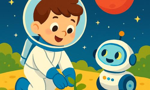 Un jeune homme nommé Léo, avec des cheveux bruns et des yeux pétillants, porte une combinaison spatiale brillante. Il sourit émerveillé sur une planète dorée, entouré de champs de mousse scintillante. À ses côtés, un petit robot rond nommé Bip roule joyeusement. Le ciel est bleu, parsemé d'étoiles et d'une grande planète rouge. Léo plante un petit arbre, ses mains touchant la terre dorée, tandis que les champs de mousse ondulent sous un léger vent, créant un paysage magique.