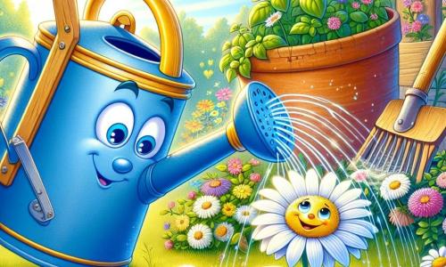 Un jeune arrosoir bleu vif avec une poignée jaune, nommé Albin, arrose une marguerite dans un jardin en pleine floraison. À ses côtés, une marguerite souriante lève ses pétales vers le ciel, reconnaissante pour l'eau. En arrière-plan, un vieux râteau en bois et une pelle en terre cuite, ornée de jeunes pousses de basilic, observent la scène. Le jardin est rempli de fleurs colorées, de verdure éclatante et de rayons de soleil. Albin et ses amis du jardin célèbrent la beauté du printemps.