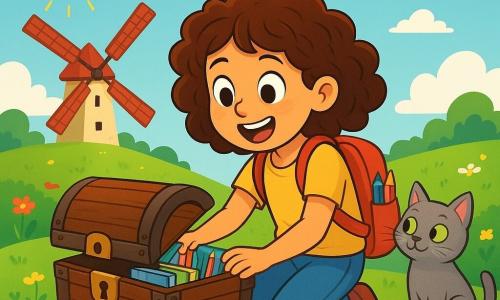 Une fille de 8 ans, Lina, aux cheveux châtains bouclés et aux yeux curieux, est accroupie devant un coffre en bois ancien, le visage illuminé par l'excitation. Elle porte un petit sac à dos rouge rempli de crayons et de carnets, ses mains posées sur le coffre comme si elle allait l'ouvrir. À côté d'elle, un chat gris aux yeux verts observe la scène avec malice, assis sur une pierre. Le lieu est une colline verdoyante parsemée de fleurs sauvages, avec un moulin à ailes rouges en arrière-plan. Le ciel est bleu avec des nuages blancs, et le soleil brille, créant une ambiance joyeuse. Lina découvre un trésor caché, un coffre rempli de fournitures artistiques, symbolisant la créativité et le partage, tandis que le chat l'encourage.