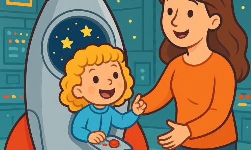 Zoé, une petite fille aux cheveux bouclés et dorés, porte une combinaison bleue brillante. Avec des yeux pétillants de curiosité et un grand sourire, elle est assise dans sa fusée argentée, prête à décoller. Sa maman, aux cheveux châtains et longs, la regarde avec tendresse, les bras ouverts pour lui faire un câlin. La fusée est dans un hangar spacieux, rempli de lumières scintillantes et de panneaux de contrôle colorés, avec des étoiles brillantes à travers le hublot. Zoé, excitée et impatiente, est prête à appuyer sur le bouton de lancement, tandis que sa maman lui fait un signe d'encouragement, entourée de l'éclat des étoiles et du doux bourdonnement de la fusée.