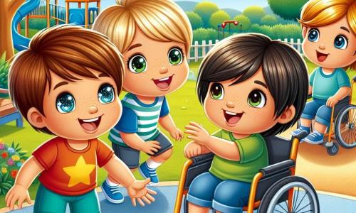 Dans un parc ensoleillé, quatre garçons de trois ans jouent ensemble. Maxime dribble un ballon rouge avec enthousiasme, tandis que Lucas se prépare à le lancer vers Léo, qui est assis dans son fauteuil roulant et rit joyeusement. Hugo les observe avec admiration. Le parc, verdoyant et coloré, contient un toboggan et des balançoires au loin. Les amis s'amusent, illustrant que l'amitié et la tolérance transcendent les différences, prouvant que chacun a sa place dans le jeu, peu importe les capacités.