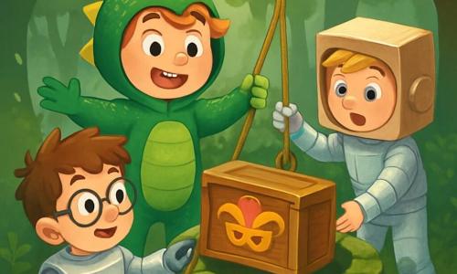 Il y a trois personnages : Maxime, un garçon de 9 ans avec des cheveux roux et bouclés, portant un costume de dragon vert scintillant, qui se tient au centre avec un grand sourire ; Léo, un garçon de 8 ans avec des lunettes de travers et des cheveux bruns, vêtu d'un costume de robot argenté avec des lumières clignotantes, légèrement en retrait en montrant ses lumières à Lucas ; et Lucas, un garçon de 9 ans aux cheveux blonds, portant un costume d'astronaute en papier brillant avec un casque en carton, à droite, les yeux écarquillés d'émerveillement en regardant le char décoré. La scène se déroule sur la grande place du village de Pommeville, ornée de guirlandes colorées et de chars de carnaval brillants, tandis que des enfants dansent en costumes éclatants sous une pluie de confettis. Les trois amis découvrent un vieux puits de pierre, recouvert de lianes et de mousses, au milieu de la forêt, tirant une boîte en bois ornée de motifs de carnaval, prêts à révéler le trésor caché à l'intérieur.
