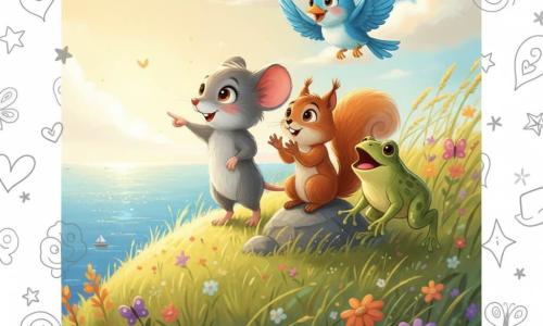 Lucie, petite souris au pelage gris soyeux et sourire émerveillé, pointe l'horizon depuis le sommet d'une colline baignée de lumière dorée ; Simon, écureuil à la queue rousse, applaudit sur un rocher à ses côtés, Clara, grenouille verte, chante sur une touffe d'herbe, et Milo, oiseau aux plumes bleues, vole au-dessus d'eux ; herbes ondulantes, fleurs et papillons encadrent la scène tandis qu'en contrebas l'océan scintille, l'atmosphère douce et pastel souligne courage et joie centrés sur Lucie.
