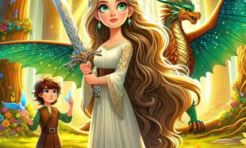 Elara, une jeune femme aux longs cheveux dorés et aux yeux vert émeraude, se tient fièrement au centre de la scène avec une épée scintillante ornée de symboles magiques, prête à affronter un dragon majestueux aux écailles brillantes. À ses côtés, Joris, un garçon d'environ dix ans aux cheveux bruns en bataille et aux yeux curieux, admire le dragon tout en tenant une pierre brillante pour aider Elara. Le décor est une forêt enchantée avec des arbres épais, des feuilles vert éclatant, des fleurs colorées et des oiseaux aux plumes multicolores. La situation principale montre Elara face au dragon qui s'apprête à rugir, créant une tension palpable, tandis que l'atmosphère est chargée d'excitation et de mystère, éclairée par la lumière dorée du soleil.