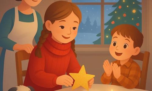 Lucie, 8 ans, souriante et émue, cheveux châtain clair en tresses, en gros pull rouge et écharpe, pose une étoile dorée pailletée au centre d'une grande table de Noël ; son petit frère de 6 ans, chemise à carreaux, applaudit depuis sa chaise à droite ; leur mère d'environ 35 ans, cheveux attachés et tablier, se tient derrière la chaise gauche, souriante, les mains sur le dossier ; leur petit chien Plume, blanc et gris, est couché aux pieds de Lucie ; la salle à manger éclairée par des bougies montre une table en bois clair nappée de blanc, branches de sapin, pain d'épices et guirlandes dorées, un grand sapin visible derrière une fenêtre givrée donnant sur un paysage enneigé, l'ambiance est chaleureuse et lumineuse avec le contraste entre la lumière chaude des bougies et le bleu froid de la neige, textures de laine, bois et paillettes, composition centrée sur l'étoile et les regards émerveillés.