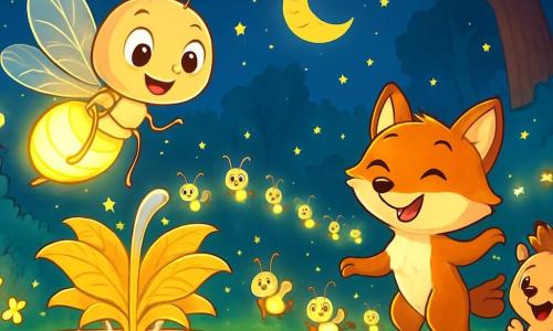 Une petite luciole nommée Luma, avec un corps translucide et brillant, vole joyeusement autour d'une fontaine de feuilles dorées dans une clairière enchantée. Un groupe de lucioles scintillantes s'aligne en file indienne, créant un chemin lumineux. Un renard aux pelages roux danse avec entrain, tandis qu'un hérisson applaudit joyeusement. La clairière, entourée d'arbres majestueux, est recouverte de mousse verte et de petites fleurs lumineuses. Luma et ses amis célèbrent le Nouvel An en dansant et chantant sous un ciel étoilé, créant une ambiance festive et magique.