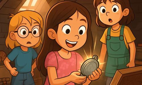 Il y a trois personnages : Léa, une fille de 10 ans avec de longs cheveux bruns, des yeux pétillants, portant une robe rose à fleurs et tenant un médaillon en argent avec un grand sourire ; Camille, également âgée de 10 ans, avec des cheveux blonds et des lunettes rondes, vêtue d'un t-shirt bleu et d'un short en jean, regardant le médaillon avec curiosité ; et Mia, une fille de 10 ans avec des cheveux châtains et une frange, portant une salopette verte et un t-shirt jaune, se tenant légèrement en retrait avec des yeux écarquillés. Les trois filles se trouvent dans un grenier poussiéreux rempli de vieux objets, où des rayons de lumière filtrent à travers une fenêtre, illuminant une vieille boîte en bois. Elles découvrent le médaillon magique, leurs visages illuminés par la curiosité et l'excitation, entourées de vieux jouets et de livres anciens, créant une atmosphère enchantée.