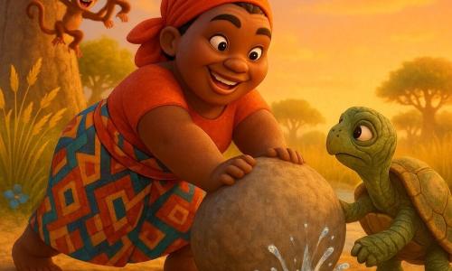 Awa, femme souriante et déterminée à la peau bronze et au pagne coloré, pousse une grosse pierre au bord d’une source pendant qu’une tortue âgée la regarde et que de jeunes singes rieurs dans un baobab l’encouragent ; la pierre laisse bientôt couler l’eau en éclaboussant, entourée d’herbes dorées, de fleurs rouges et bleues et d’un grand baobab à gauche sous un ciel orangé de coucher de soleil, ambiance chaleureuse et pleine d’espoir, couleurs saturées, textures douces et éclairage doré adaptés aux enfants.