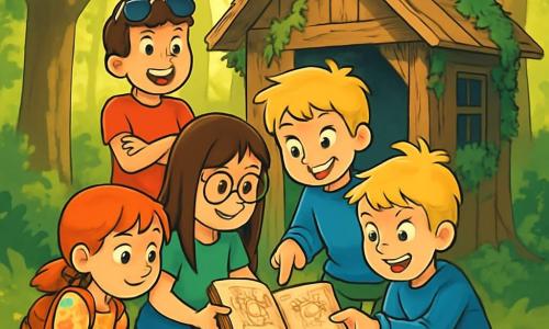 Quatre enfants explorent une clairière dans la Forêt des Cerfs. Léa, 10 ans, avec de longs cheveux bruns et des lunettes rondes, examine un vieux carnet trouvé dans une cabane. Thomas, 10 ans, aux cheveux blonds en bataille, pointe un dessin dans le carnet. Zoé, 9 ans, avec des cheveux roux en tresses, regarde une boîte en métal rouillée. Hugo, 10 ans, avec des cheveux châtains et des lunettes de soleil, observe la scène, les bras croisés. La cabane en bois ancien, entourée d'arbres majestueux et de lumière dorée, est le cadre de leur découverte d'un carnet mystérieux, suscitant leur imagination d'aventures et de trésors cachés.
