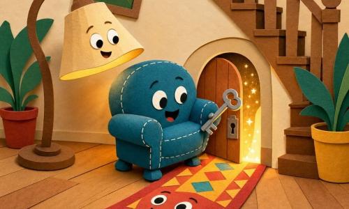 Frodo, petit fauteuil anthropomorphe en velours bleu turquoise aux coutures blanches et coussins rebondis, tient une clé argentée devant une petite porte secrète ouverte au bas d’un escalier étroit ; un tapis long coloré à motifs géométriques rouges et jaunes déroule un chemin protecteur ; une lampe sur pied à abat‑jour crème éclaire la serrure d’une lumière orangée ; salon ensoleillé style papier découpé avec plancher clair, mur crème et plantes stylisées ; ambiance joyeuse et sûre, lumière dorée et poussière d’étoiles s’échappant de la porte, composition centrée et couleurs vives.