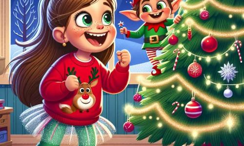 Une petite fille de 6 ans, Léa, rit aux éclats en découvrant une farce dans son sapin de Noël. Elle porte un pull rouge avec un motif de renne et une jupe en tulle pailleté, accroupie devant le sapin, les mains sur les hanches. À côté d'elle, Léo, le Lutin Farceur, est un petit être espiègle avec une peau verdâtre et un bonnet rouge, perché sur une branche du sapin, riant et montrant une décoration amusante. La scène se déroule dans une maison chaleureuse décorée pour Noël, avec un sapin majestueux illuminé et des flocons de neige tombant doucement à l'extérieur. Léa découvre des surprises cachées dans le sapin, tandis que Léo l'encourage, créant une atmosphère joyeuse et festive.