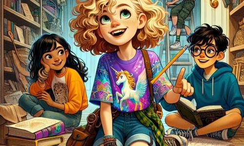 Au centre de l'image, Zoé, 12 ans, cheveux bouclés et dorés, sourit avec excitation. Elle porte un t-shirt coloré avec des licornes et un short en jean, tenant une carte au trésor dessinée par elle. À sa droite, Lucas, 12 ans, lunettes rondes et cheveux bruns en bataille, feuillette un livre de science-fiction, l'air rêveur, vêtu d'un sweat bleu et de pantalons cargo. À gauche, Emma, 12 ans, cheveux lisses et noirs, est assise par terre, entourée de crayons et de papiers, dessinant des costumes pour leur pièce de théâtre. Le grenier est mystérieux, rempli de vieux jouets et de boîtes poussiéreuses, avec une lumière tamisée créant une atmosphère magique. Zoé et ses amis préparent leur chasse au trésor, entourés d'objets étranges et de rires, prêts pour une aventure créative et amusante.