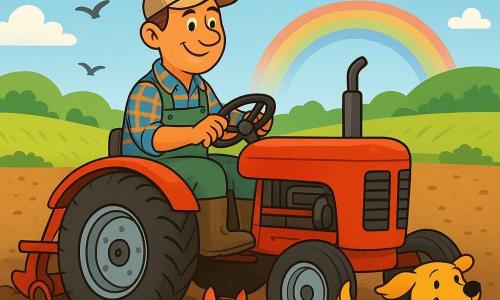 Un homme agriculteur, Pierre, conduit son tracteur rouge avec une expression joyeuse. Il porte une vieille casquette, des bottes boueuses et une chemise à carreaux. À ses côtés, un golden retriever court en aboyant, tandis qu'un chat noir et blanc se faufile entre les roues. La scène se déroule dans un champ de terre brune, avec des collines verdoyantes à l'horizon et des nuages blancs dans un ciel bleu clair. Pierre laboure le champ, créant des sillons, tandis que des oiseaux volent autour de lui. L'atmosphère est paisible et joyeuse, illustrant le travail acharné et l'amour de la nature.