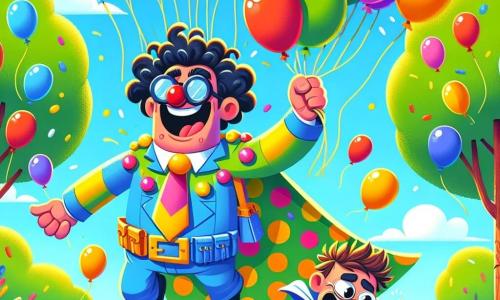 Monsieur Pompom, un homme joyeux avec un grand sourire et une cape colorée à motifs de ballons, rit aux éclats entouré de ballons multicolores. À ses côtés, Maladroit Max, un homme d'une trentaine d'années avec des cheveux en désordre, porte un costume de super-vilain trop grand et court après des ballons qui s'envolent. La scène se déroule dans un parc ensoleillé avec des enfants jouant autour d'eux. Max, entouré de ballons, s'élève dans les airs en essayant de les attraper, tandis que Monsieur Pompom rit, prêt à l'aider en éclatant les ballons.