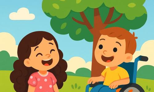 Nina, une fille de 6 ans aux longs cheveux bouclés et aux yeux pétillants, porte une robe rose à pois blancs et est assise sur l'herbe en riant. Léo, un garçon de 7 ans avec des cheveux courts et un grand sourire, est dans son fauteuil roulant décoré de stickers colorés et regarde Nina avec curiosité. Ils se trouvent sous un grand arbre aux feuilles vertes dans un parc ensoleillé, avec une herbe verte parsemée de fleurs jaunes et violettes. Le ciel est bleu avec des nuages blancs. Ils échangent des rires et des questions, écoutant le vent qui fait danser les feuilles.