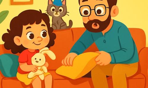 Une petite fille de 4 ans, aux grands yeux pétillants et cheveux bouclés, est assise sur un canapé moelleux, souriante et tenant son doudou Lapinou. À côté d'elle, son papa, un homme d'une trentaine d'années avec une barbe douce et des lunettes, cherche ses chaussons sous le coussin, surpris et amusé. Le salon est chaleureux, avec des murs jaune pastel, des coussins colorés et un tapis doux. La lumière douce crée une ambiance joyeuse. La petite fille cache les chaussons de son papa sous le coussin en riant silencieusement, tandis que le chat Minette, une chatte tigrée avec une chaussette sur la tête, ajoute une touche comique à la scène.