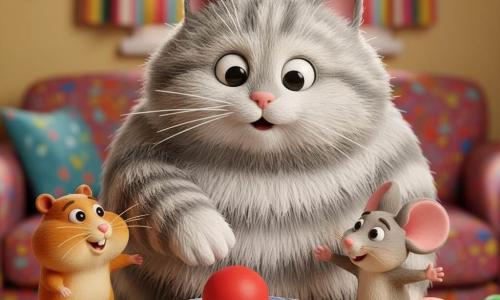 Un chat rond et pelucheux gris clair à rayures blanches, yeux grands et brillants, semble surpris et joyeux en regardant une petite balle rouge posée dans son assiette en porcelaine bleue, patte levée; le hamster Titi, brun clair aux joues dodues, pointe la balle du regard debout sur la table; la souris Lola, grise aux grandes oreilles roses, est accroupie près de l'assiette, bras tendus et malicieuse; scène dans une cuisine chaleureuse avec table en bois clair, canapé, rideau coloré, quelques miettes et une plante; ambiance joyeuse, couleurs vives et formes douces.