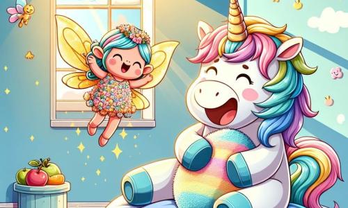 Pompom, une licorne pastel avec une crinière arc-en-ciel, est assis sur un coussin près d'une fenêtre. Bien qu'il soit légèrement fatigué, il sourit en tenant son doudou. À ses côtés, Mimi, une petite fée aux ailes dorées, vole joyeusement en portant une robe en pétales de fleurs. Ils se trouvent dans une chambre chaleureuse aux murs bleu ciel et aux étoiles dorées au plafond, illuminée par un rayon de soleil. Pompom rit aux éclats d'une blague de Mimi, malgré un petit mal de ventre. Une petite table à côté d'eux est garnie de fruits et d'un pot de miel, ajoutant une touche de douceur à cette scène joyeuse.